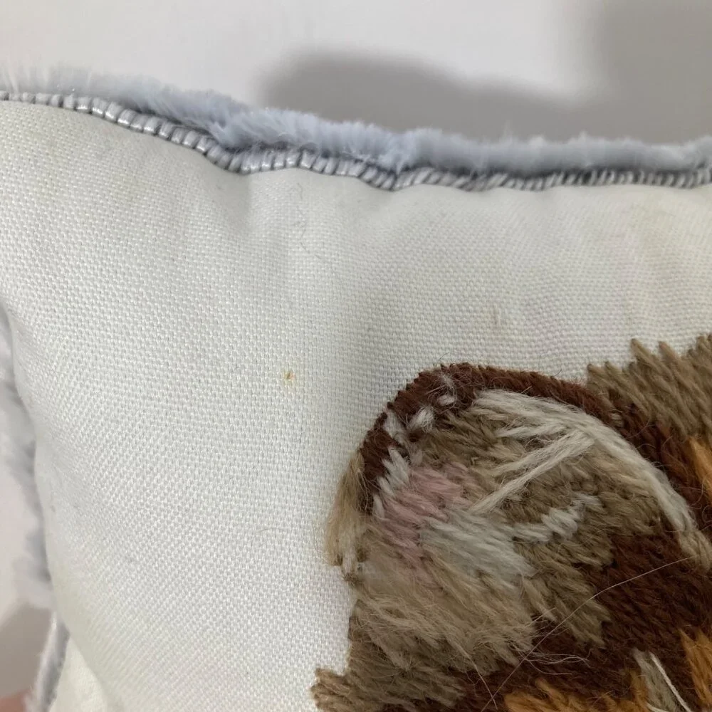 Handmade Crewel Embroidered Kitty Dragonfly Pillow Faux Fur Backing 10 x 6 x 4